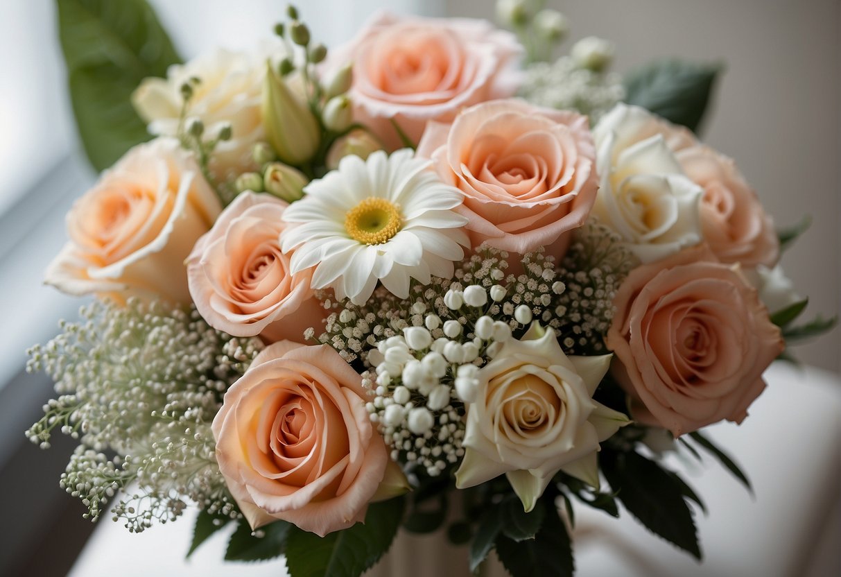 A collection of delicate flowers, including roses, lilies, and baby's breath, arranged in a small, elegant bridal bouquet