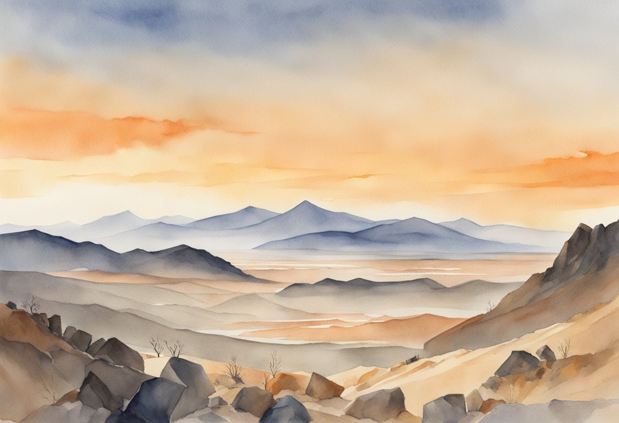 A barren, rocky landscape stretches out beneath a hazy, orange sky. Jagged mountains loom in the distance, casting long shadows over the desolate terrain