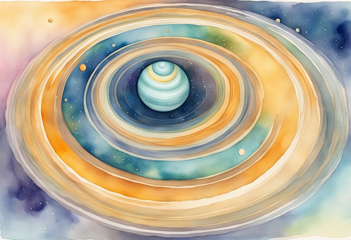 A colorful, swirling gas giant with a prominent ring system and multiple moons in orbit