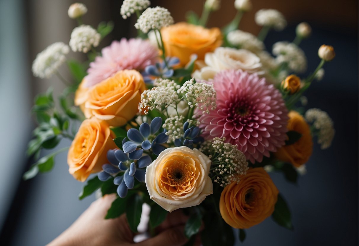 A small bouquet featuring a mix of classic and modern flowers, with a variety of colors and textures