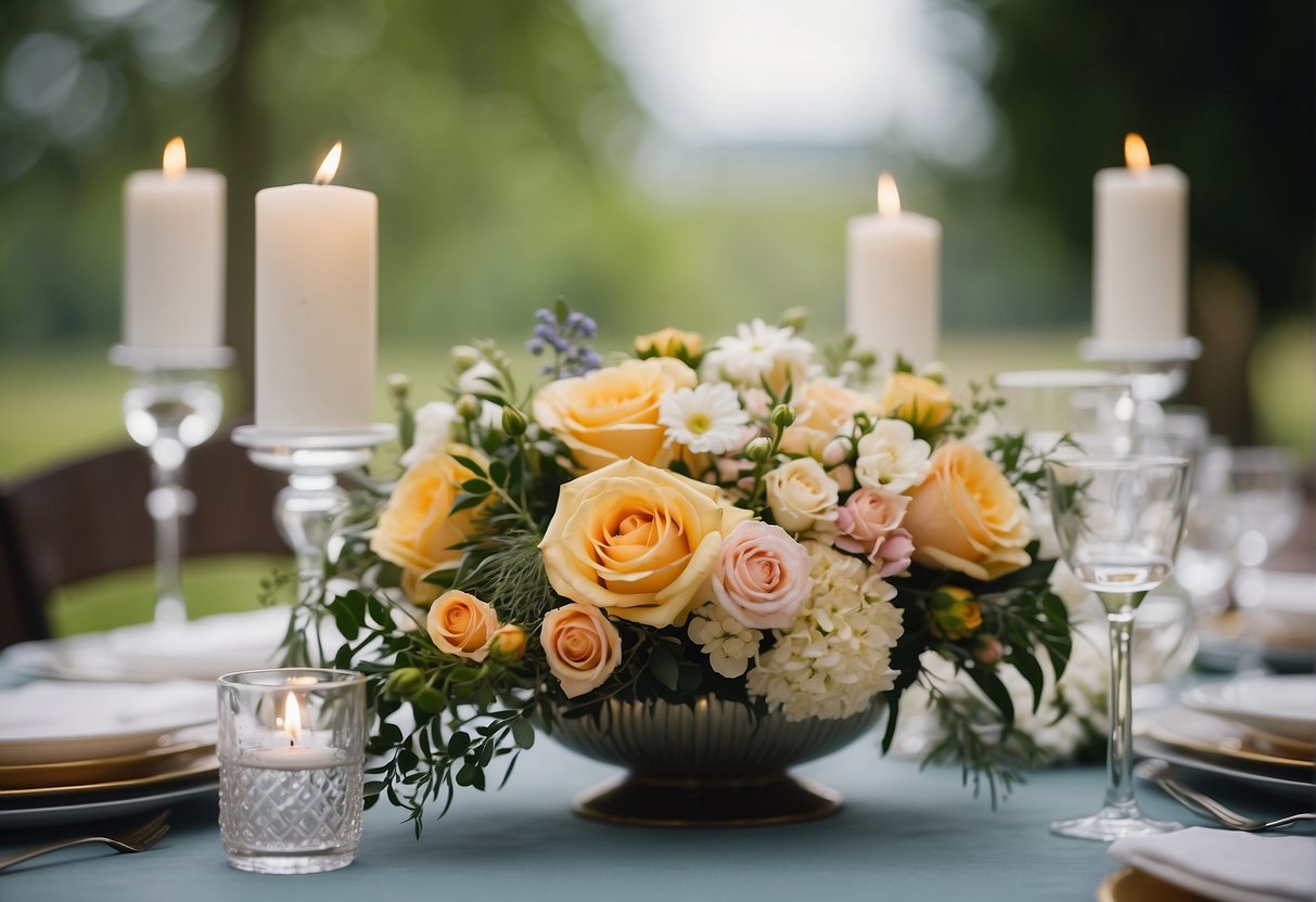 A table set with various small bouquets of flowers in different colors and styles, with a focus on elegant and delicate arrangements for a bridal bouquet