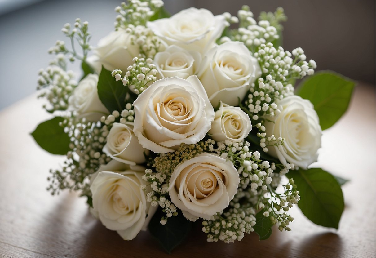 A small bridal bouquet with delicate white roses, baby's breath, and greenery arranged in a compact, rounded shape