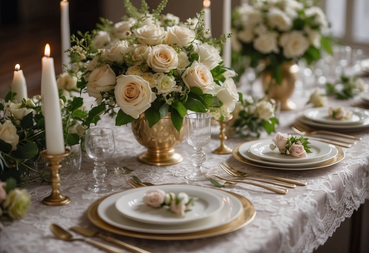 A table set with various small bridal bouquets, featuring delicate flowers and greenery, surrounded by ribbons, lace, and other decorative elements