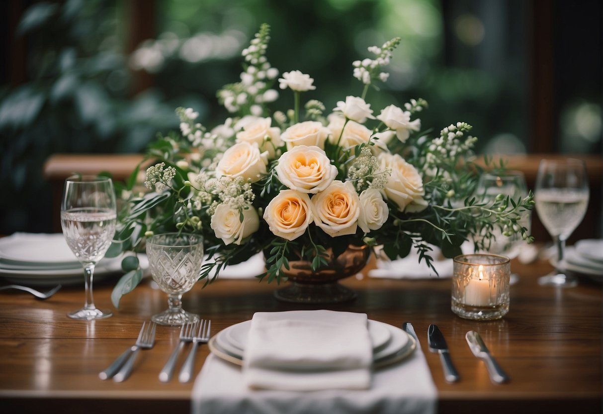 A table with various small bridal bouquet options displayed, surrounded by floral arrangements and greenery