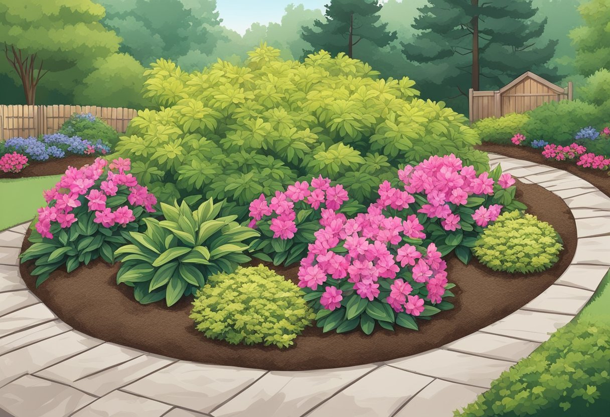 Azaleas surrounded by a layer of organic mulch, such as pine straw or wood chips, to retain moisture and suppress weeds