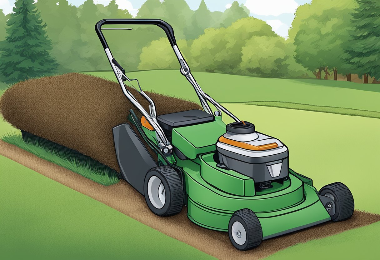 A mulch plug is inserted into the mower's discharge chute, allowing grass clippings to be mulched and redistributed onto the lawn for nutrient-rich soil