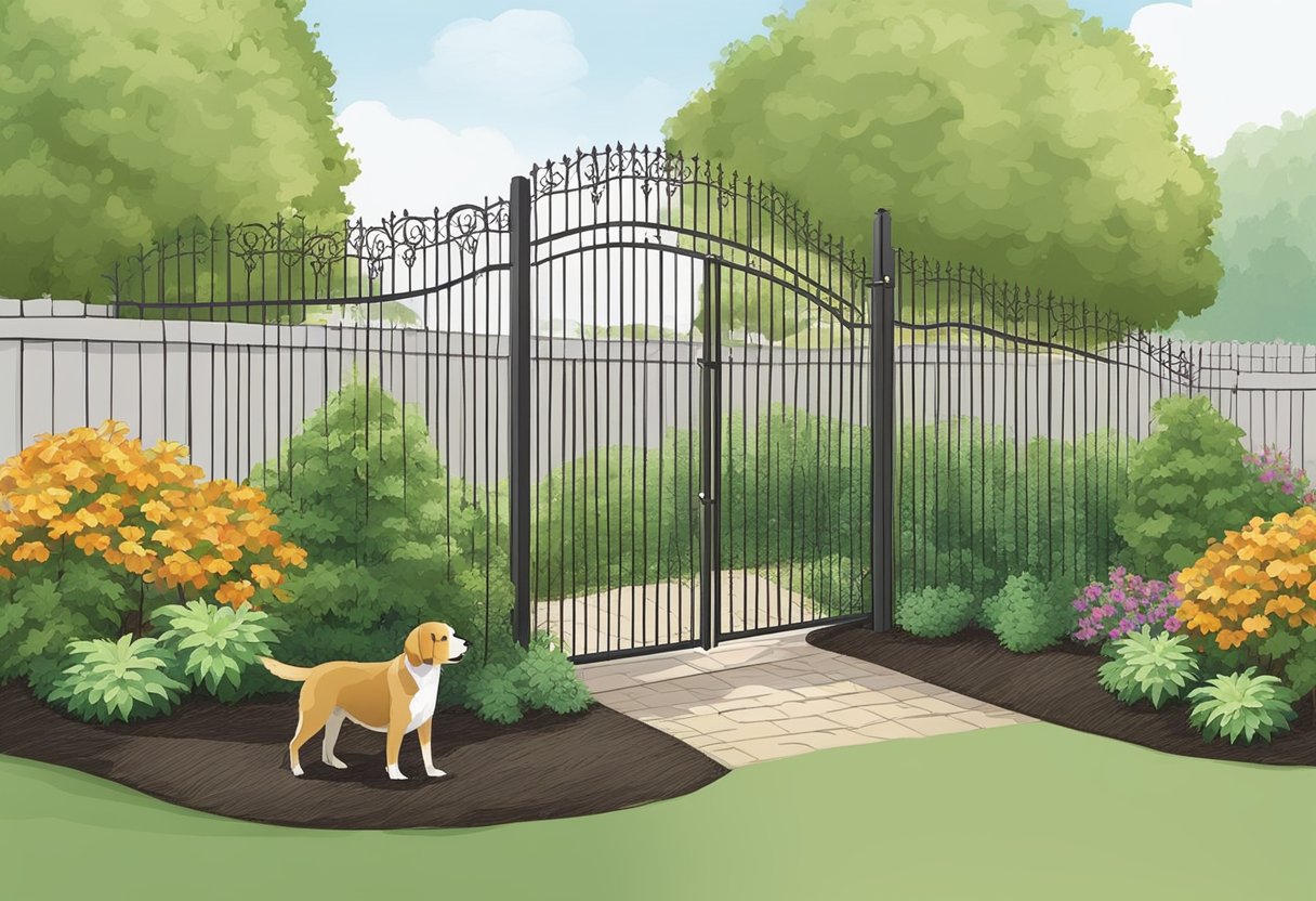 A fence surrounds a garden with raised mulch beds. A dog-proof gate secures the entrance. Nearby, a variety of dog-safe ground cover options are displayed