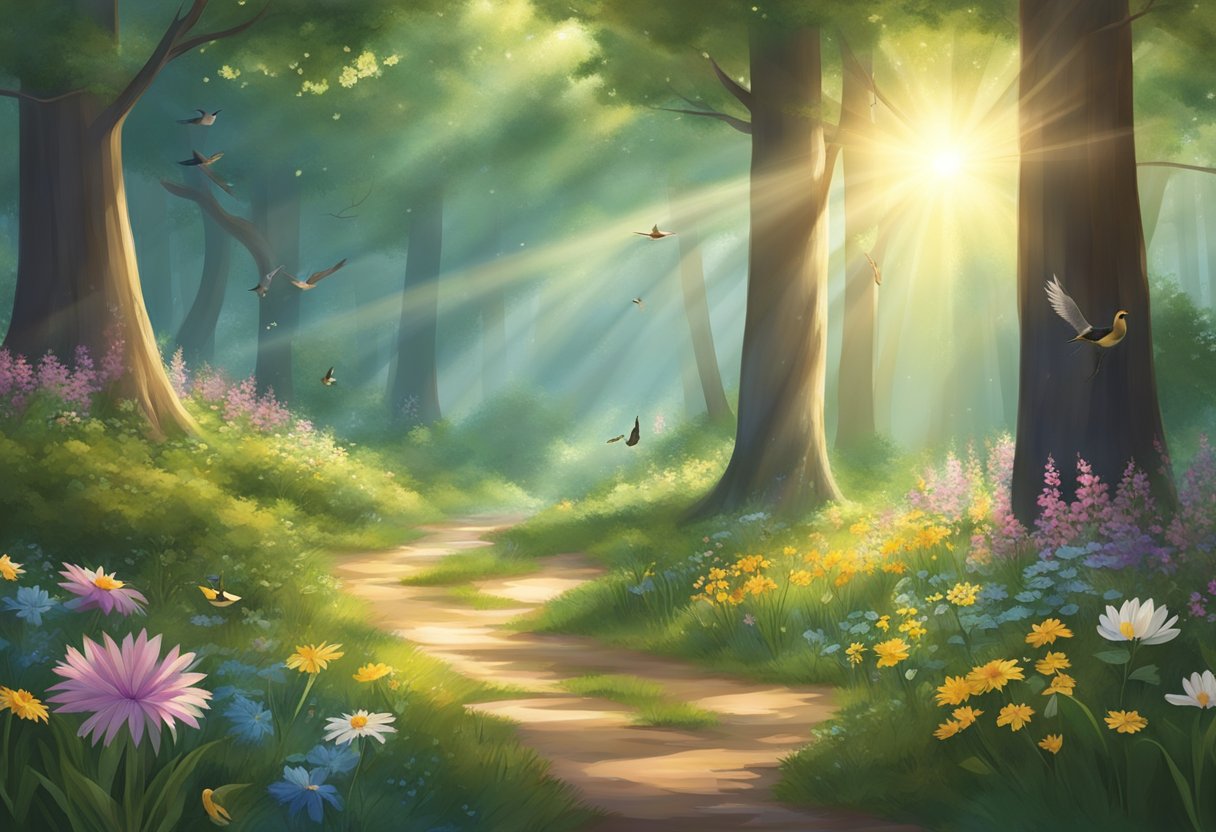 Sunlight streaming through trees, birds chirping, and flowers blooming in a peaceful forest clearing