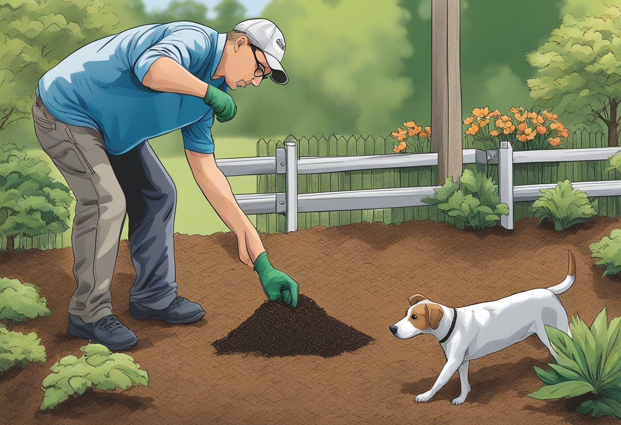 Dogs digging in mulch, owner placing barriers, dog deterrent spray nearby