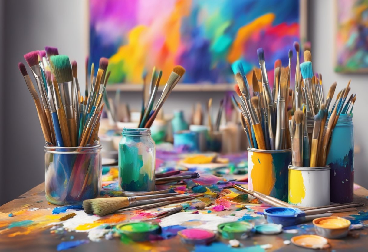 A colorful palette of paintbrushes and tubes of paint scattered across a messy art table, with vibrant, abstract paintings hung on the wall behind