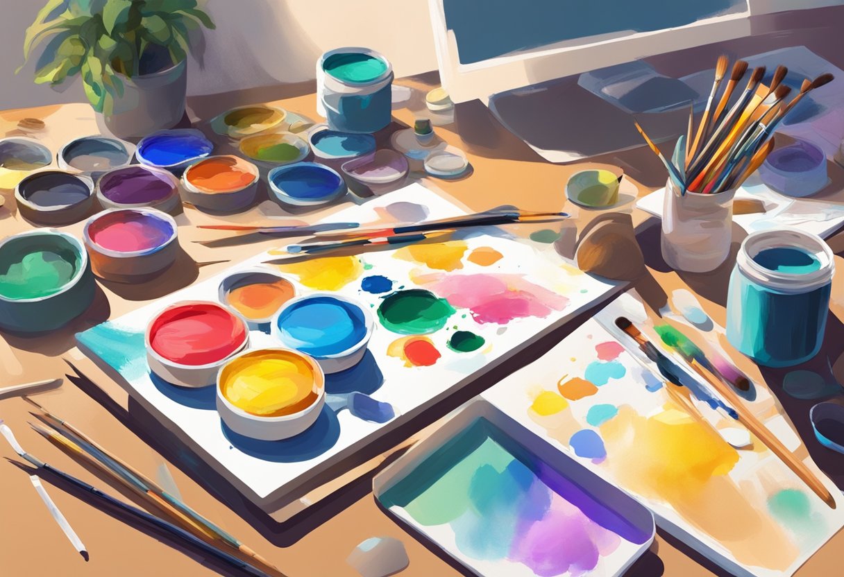 A colorful palette of paints and brushes scattered on a messy desk, surrounded by sketches and doodles, with a bright light shining from a nearby window