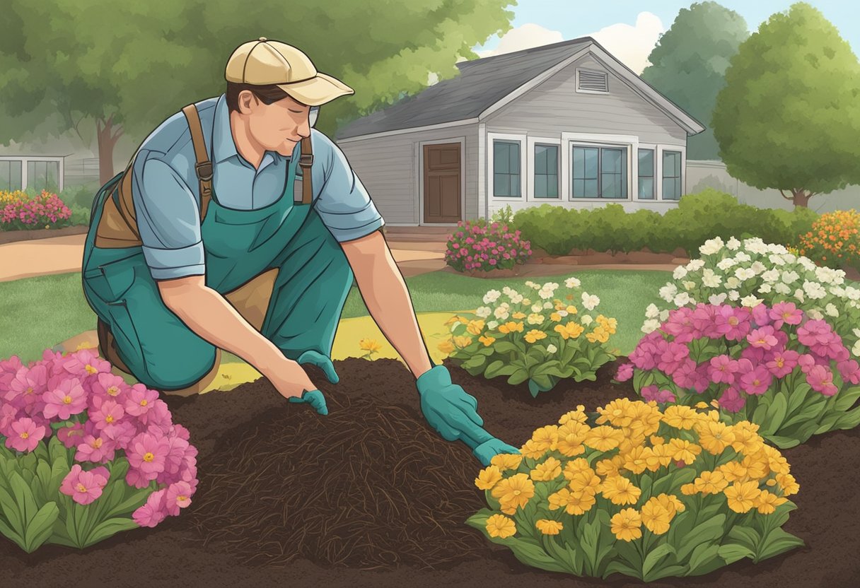 A gardener spreads mulch around newly planted flowers