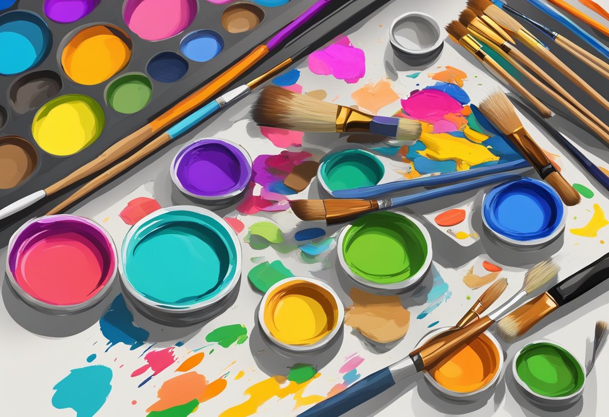A colorful palette of paints and brushes scattered on a messy desk, with a blank canvas waiting to be filled with vibrant, imaginative artwork