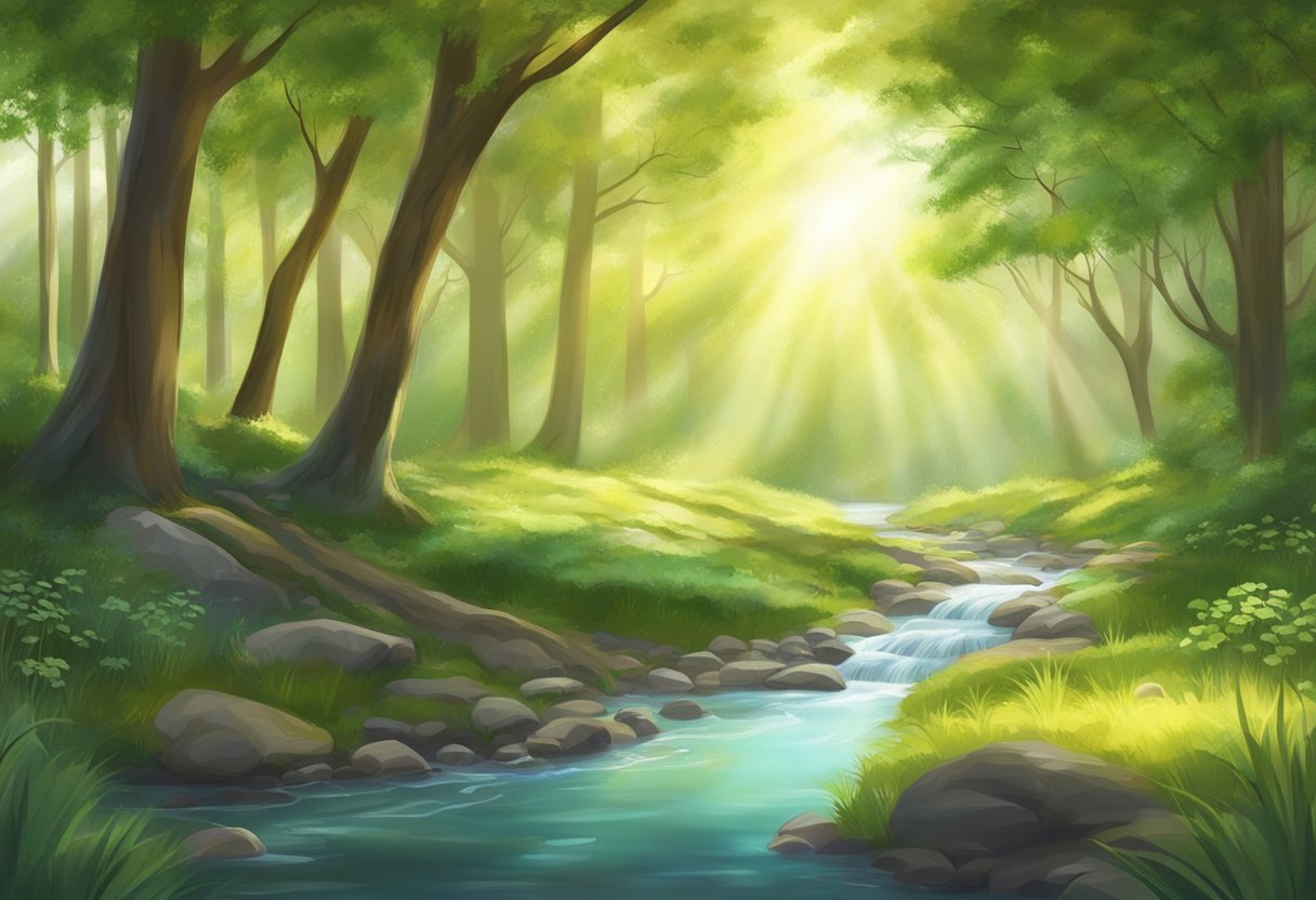 A serene forest glade, sunlight filtering through the trees, birdsong in the air, and a gentle stream flowing through the landscape