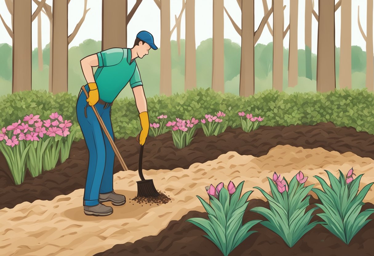 Mulching techniques: A gardener spreads mulch around newly planted flowers