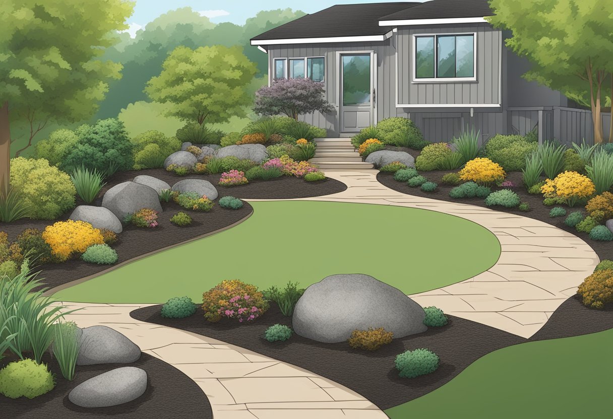 A garden with rocks covered in mulch, showcasing the benefits and considerations of mulching over rocks