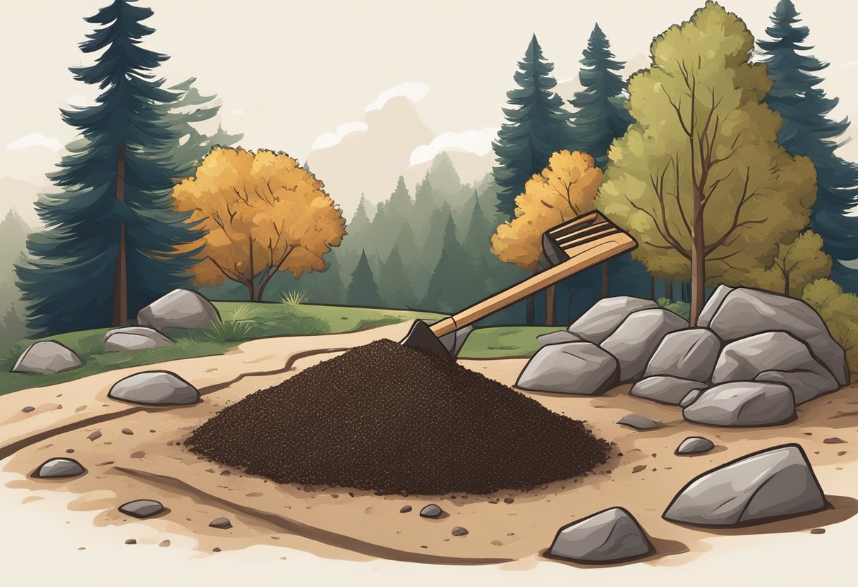 Mulch being spread over rocky ground with a shovel and rake nearby
