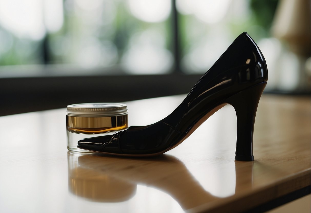 A high heel shoe being cleaned and polished with a soft cloth and a bottle of shoe polish nearby