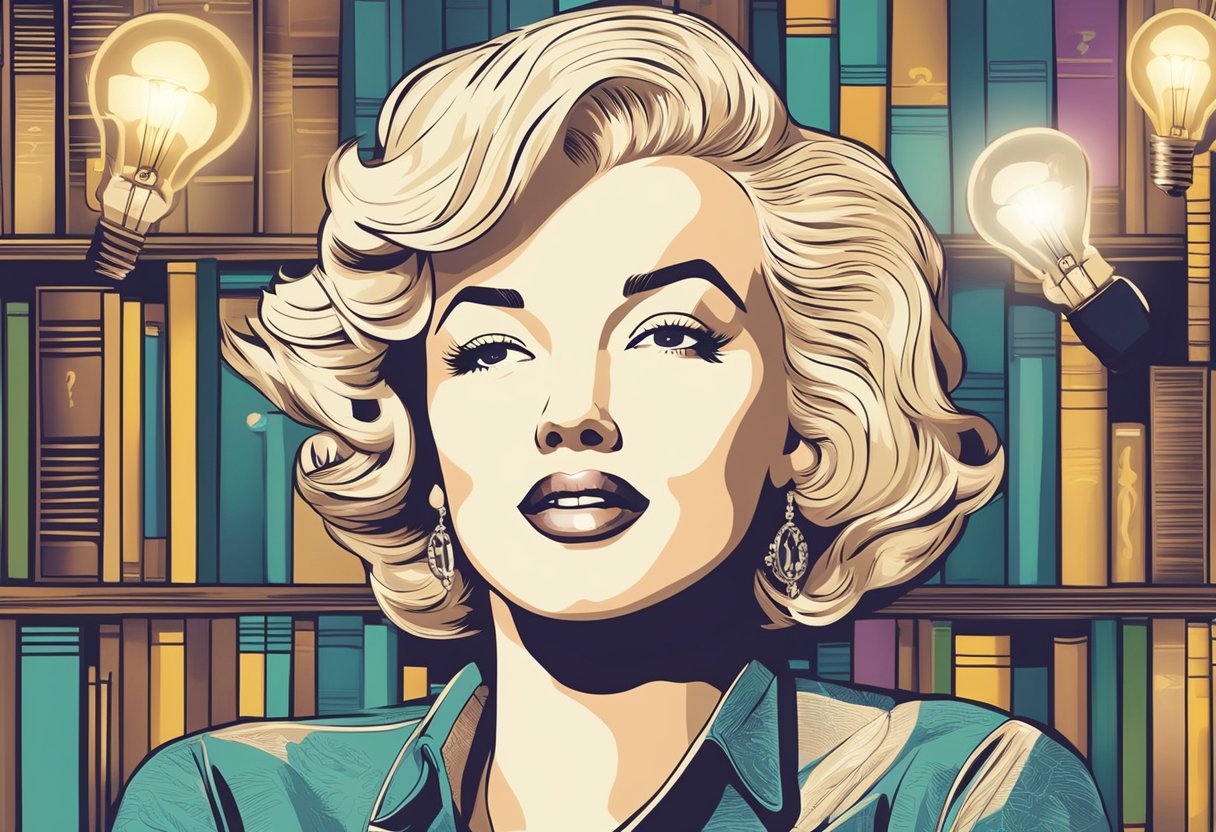Marilyn Monroe's image with a glowing lightbulb above her head, surrounded by question marks and books on intelligence