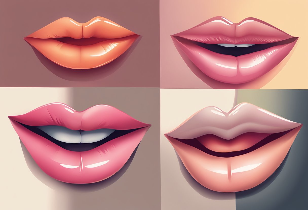 Two pairs of lips pressing against each other, one gentle and tender, the other passionate and intense. A variety of lip shapes and sizes, each expressing a unique kissing style