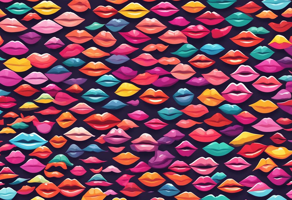 A colorful maze of lips in various shapes and sizes, each labeled with different kissing styles. Bright lights illuminate the display, creating a dynamic and engaging atmosphere