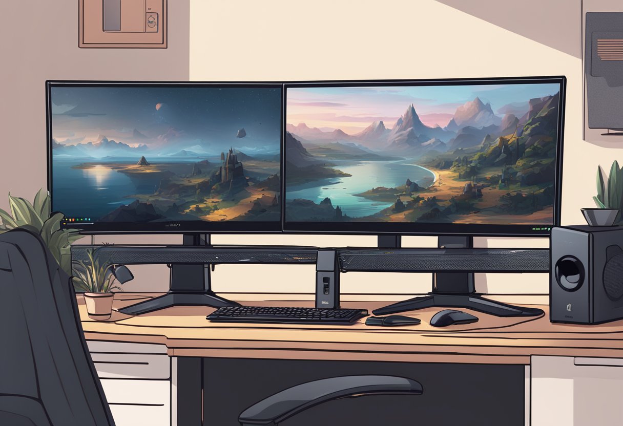 A gaming setup with two monitors side by side, one labeled "144hz" and the other "165hz". The screens display fast-paced gaming scenes to showcase their smoothness and clarity