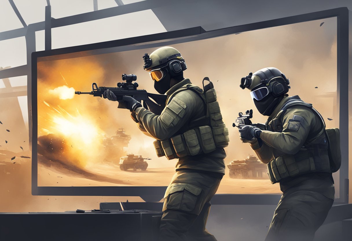 Two players on opposite sides of a virtual battlefield, preparing for a 1v1 match in CS: GO. The game commands are displayed on the screen