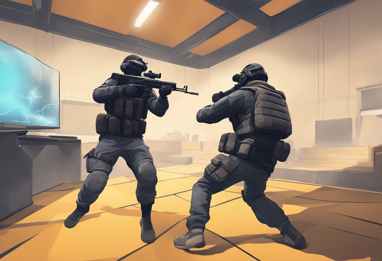 Two players engage in intense 1v1 combat in a virtual environment, using precise movements and commands to outmaneuver and outshoot each other in CS: GO