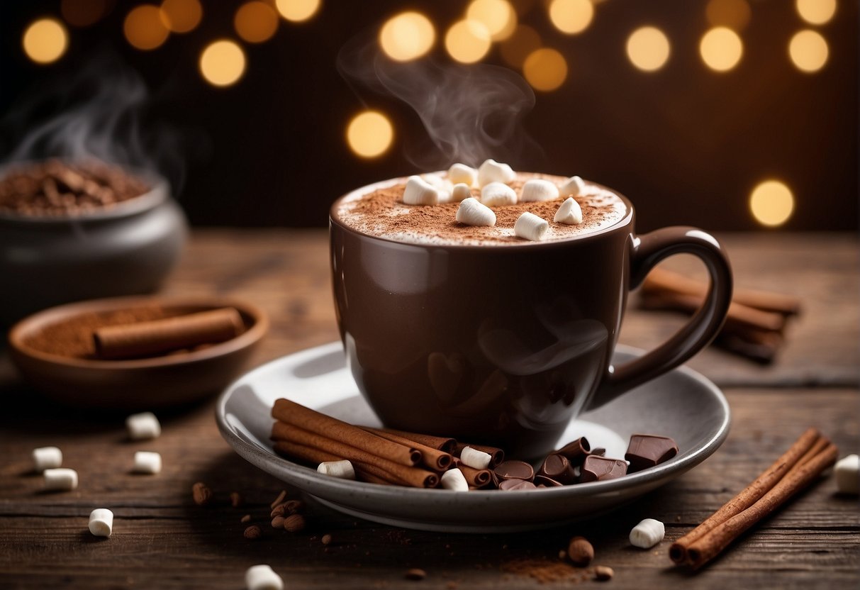 A steaming mug of hot chocolate sits on a rustic wooden table, surrounded by mini marshmallows, cinnamon sticks, and a sprinkle of cocoa powder