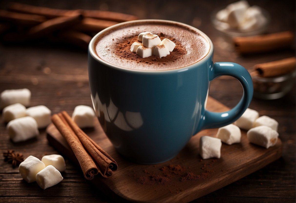 A steaming mug of hot chocolate sits on a rustic wooden table, surrounded by scattered cocoa powder, marshmallows, and a cinnamon stick