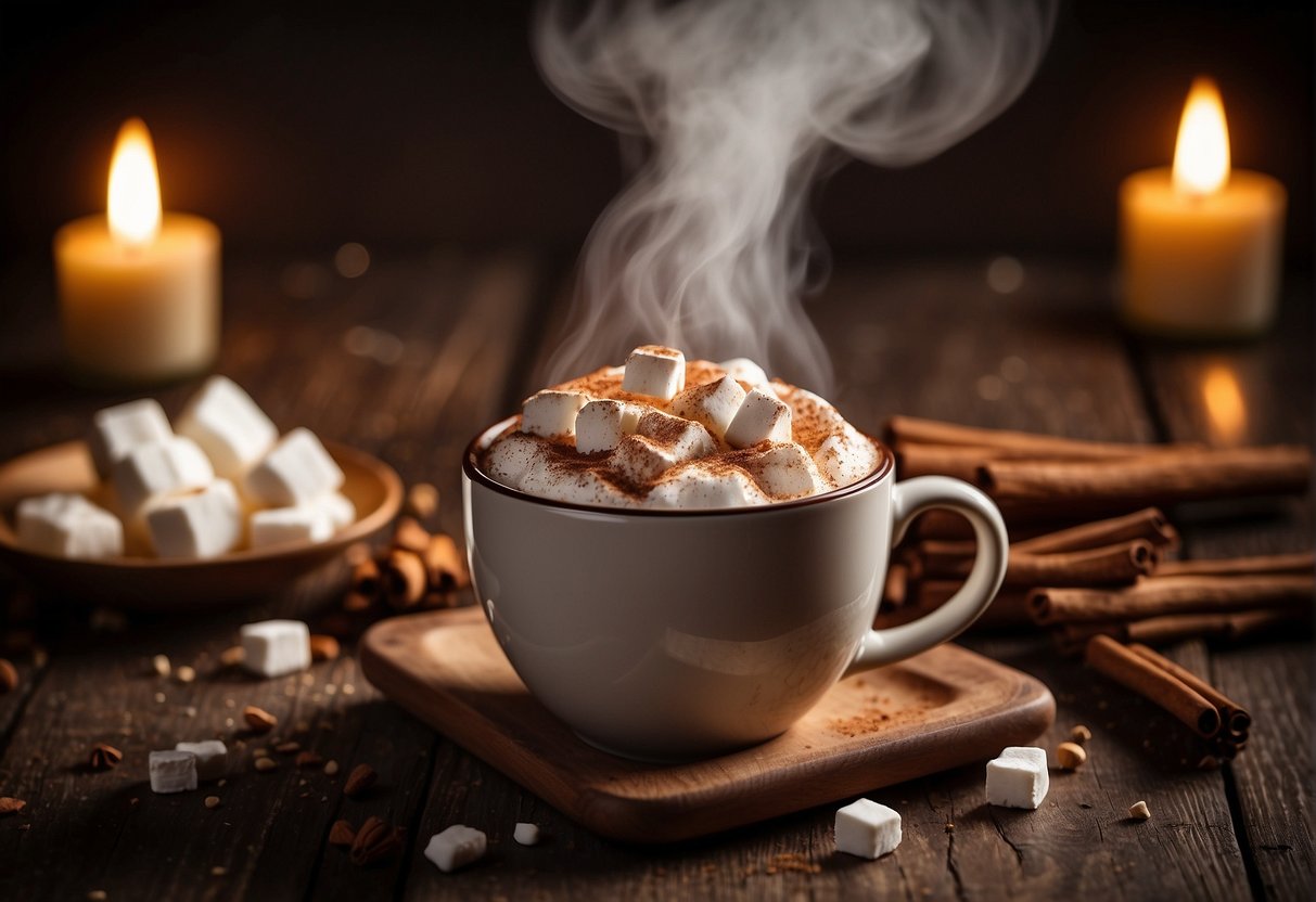 A steaming mug of hot chocolate surrounded by cinnamon sticks, marshmallows, and a sprinkle of cocoa powder on a cozy table
