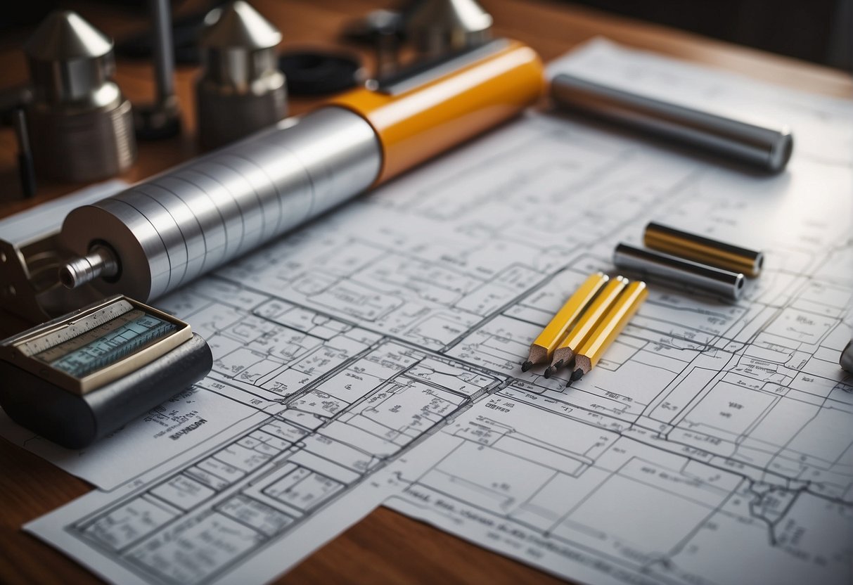 A Table With Drafting Tools, Rulers, Pencils, And A Cabinet Layout Plan On Paper