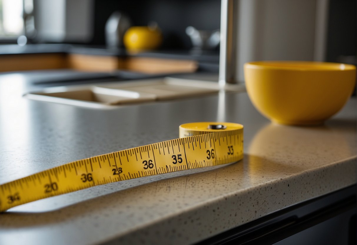 A Tape Measure, Level, And Pencil Lay On A Countertop Next To A Set Of Kitchen Cabinets. The Cabinets Are Open, Revealing The Empty Interior Space