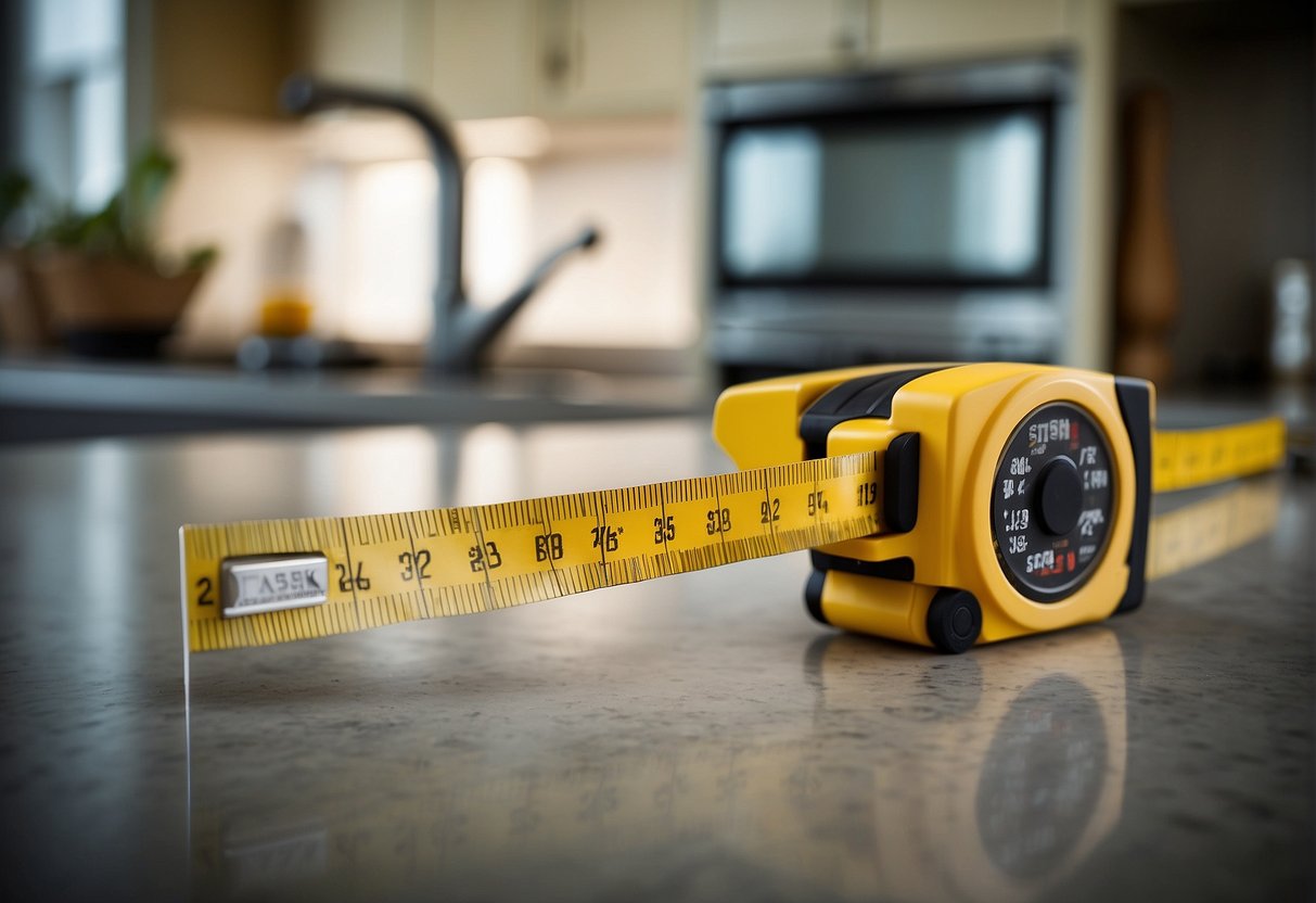 A Tape Measure, Pencil, Ruler, And Graph Paper Lay On A Countertop Next To A Set Of Kitchen Cabinets