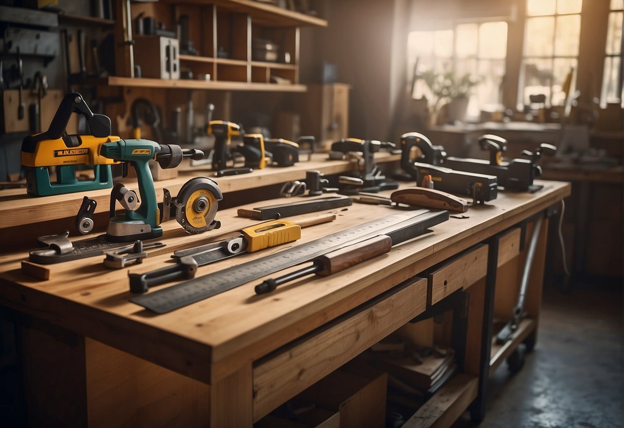 Various Cutting And Shaping Tools Arranged On A Workbench, With Measuring Tape, Ruler, And Level Nearby. Cabinet Spaces In The Background For Reference