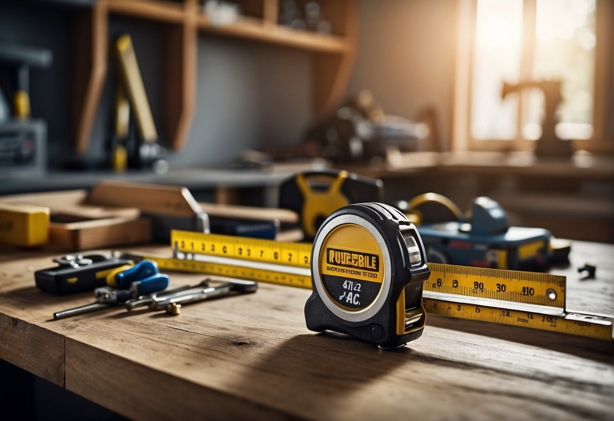 Tools Lay On A Workbench: Tape Measure, Level, Pencil, And Drill. Cabinets Stand Open, Awaiting Measurement And Installation
