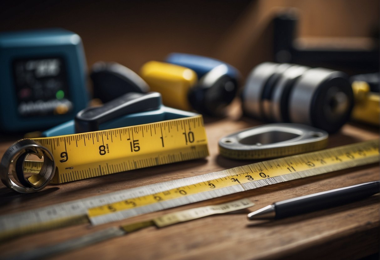 Tools Lay On A Workbench: Measuring Tape, Level, And Pencil. Cabinet Spaces Are Marked For Precise Measurements