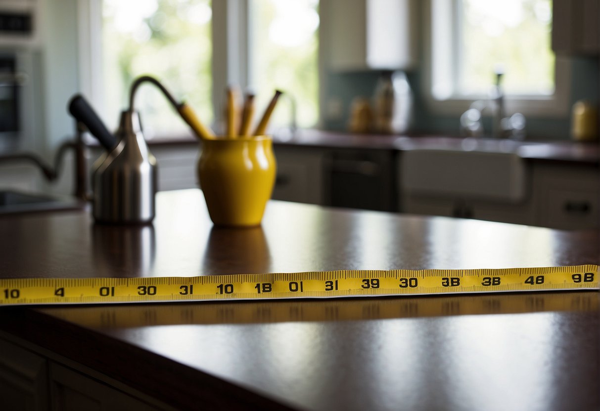 A Tape Measure, Pencil, And Notebook Lay On A Countertop Next To A Set Of Cabinets. The Tape Measure Is Extended And Resting Against The Cabinet Door, Ready For Use