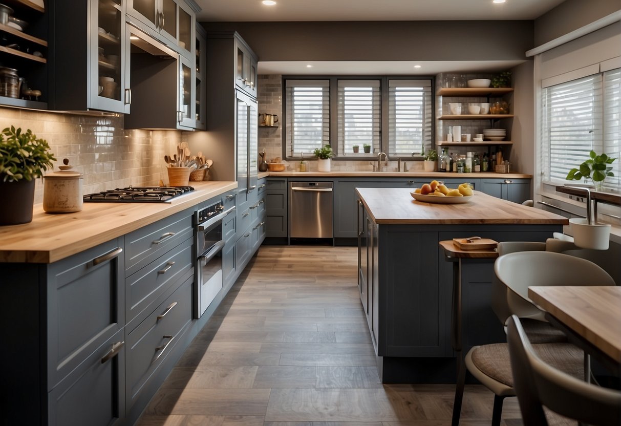 A Kitchen With Cabinets Arranged For Efficient Use, With Clear Paths And Ample Storage, Including Upper And Lower Cabinets, Drawers, And Pantry Space