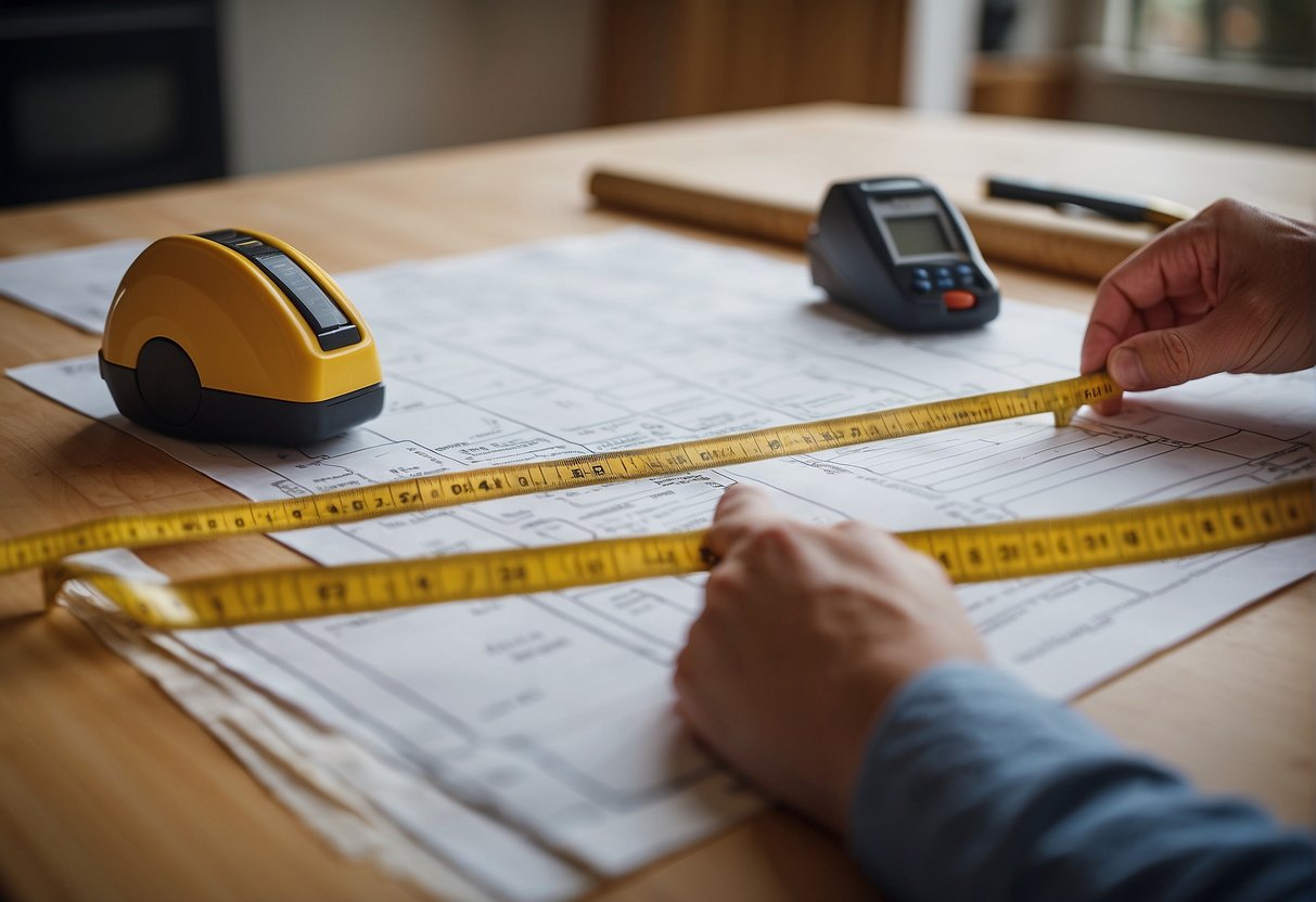 A Person Measuring And Planning Kitchen Cabinet Layout With A Tape Measure, Pencil, And Paper, Considering Budget And Financial Constraints