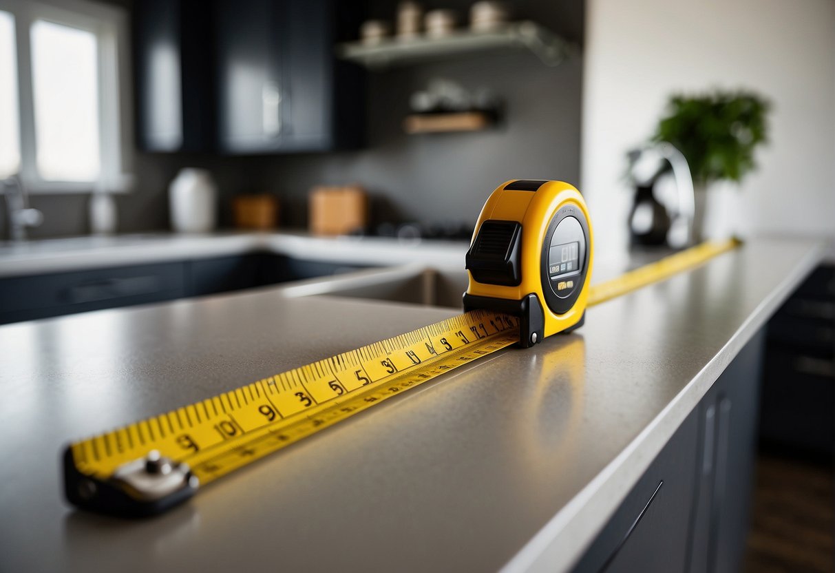 A Tape Measure Extends Across A Kitchen Wall, Measuring The Width And Height For New Cabinets. A Pencil Marks The Measurements On The Wall