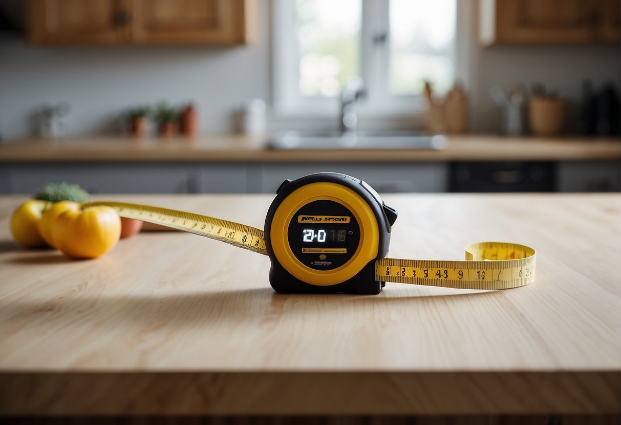 A Tape Measure Extends Across A Kitchen Wall, Measuring The Space For New Cabinets. A Pencil Marks The Measurements On A Notepad