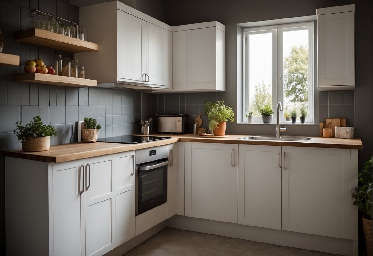 A Small Kitchen With Cabinets Arranged In A U-Shape Around The Walls, Maximizing Storage And Counter Space. A Built-In Pantry And Efficient Layout