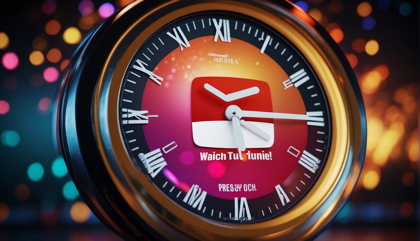 A vibrant YouTube logo surrounded by a clock showing increasing watch hours, with engaging video thumbnails in the background