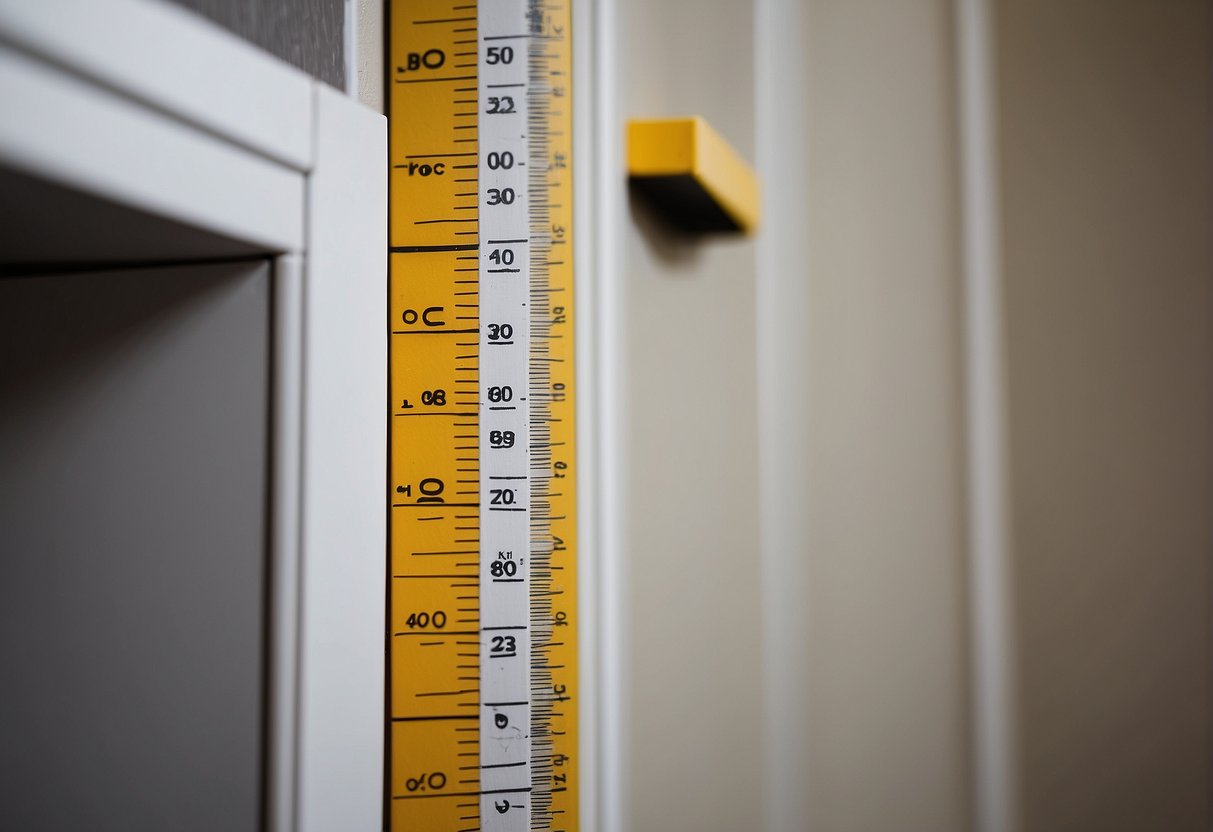 A Tape Measure Extends From A Corner Of The Room To A Cabinet Space, With A Pencil Marking Measurements On The Wall. A Level Sits On The Cabinet Frame, Ensuring It Is Perfectly Aligned