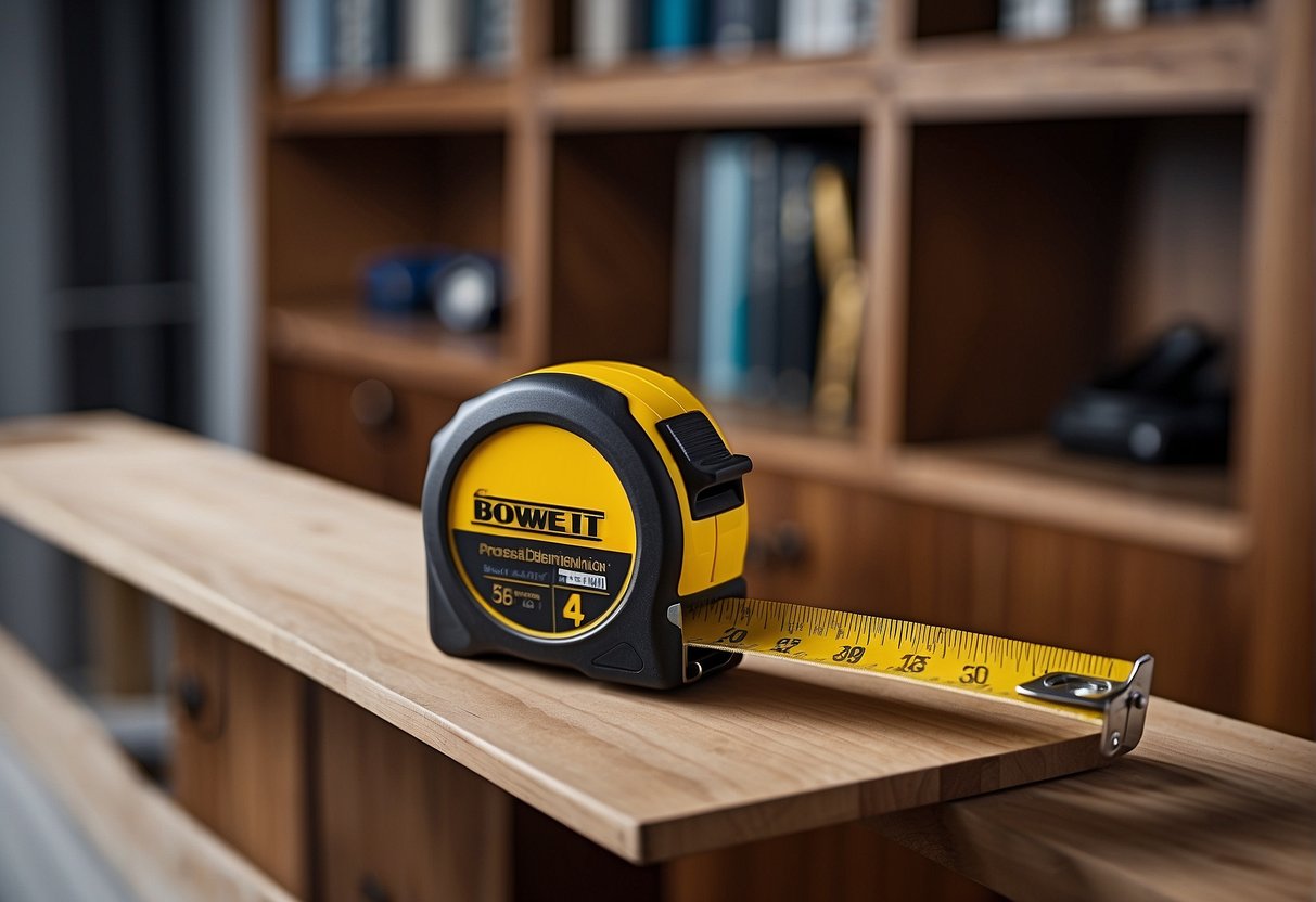 A Tape Measure Extends Across A Newly Installed Cabinet, Ensuring Precise Measurements. A Pencil Marks The Spots For Hardware Placement