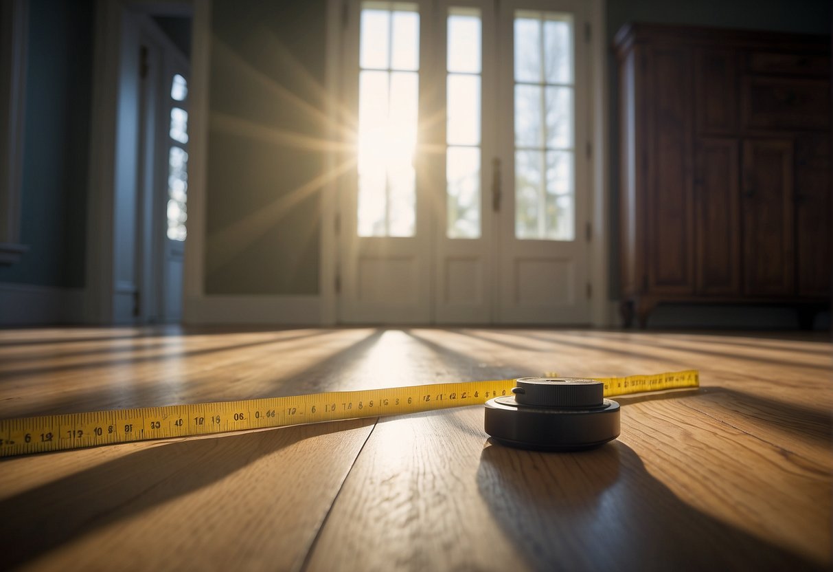 A Level, Tape Measure, And Pencil Lay On The Floor Next To A Newly Installed Cabinet. A Person'S Shadow Is Visible, Measuring The Cabinet'S Dimensions