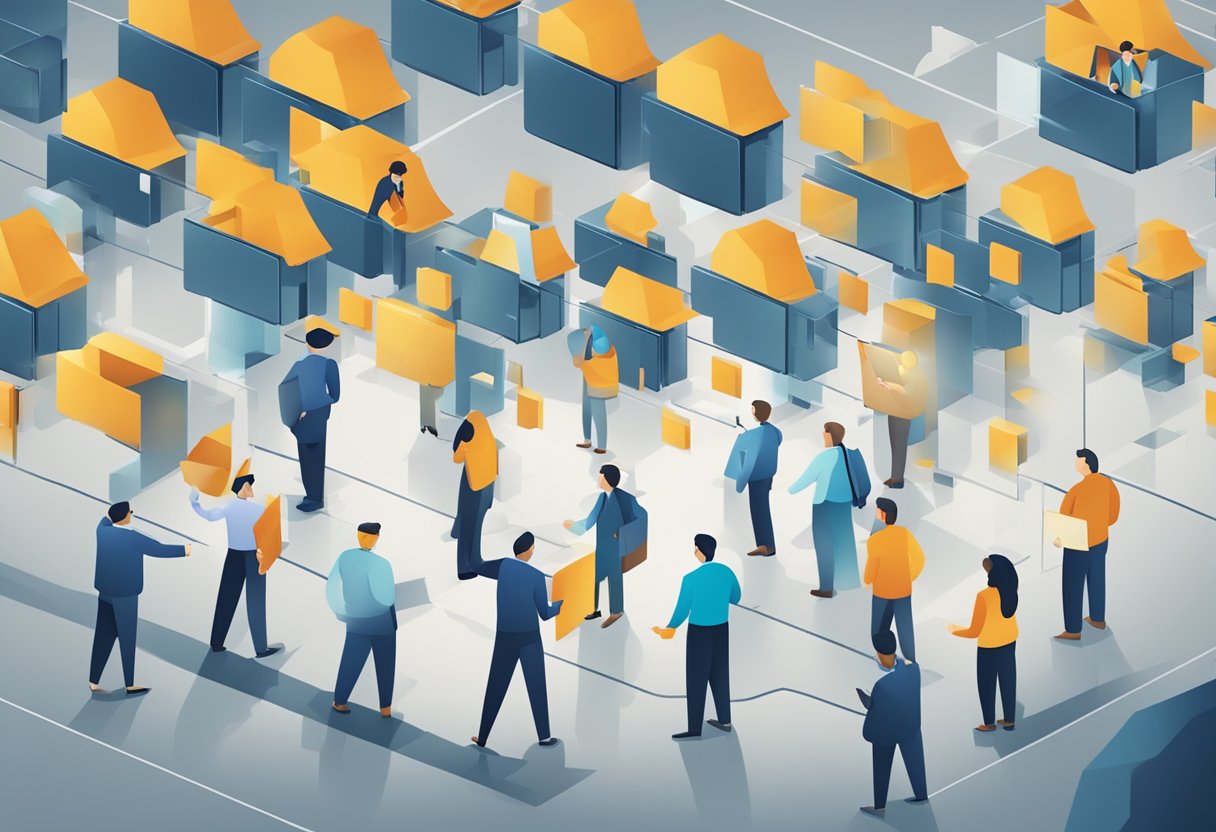 A group of people accessing a secure area, with one group being directed towards the active directory and another towards the sharepoint, symbolizing the management of permissions and security