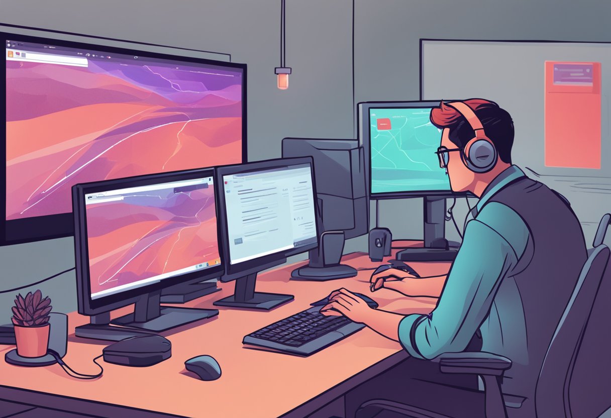 A computer screen with a Twitch stream playing, a red "Adblock detected" message, and a frustrated user trying to troubleshoot the issue