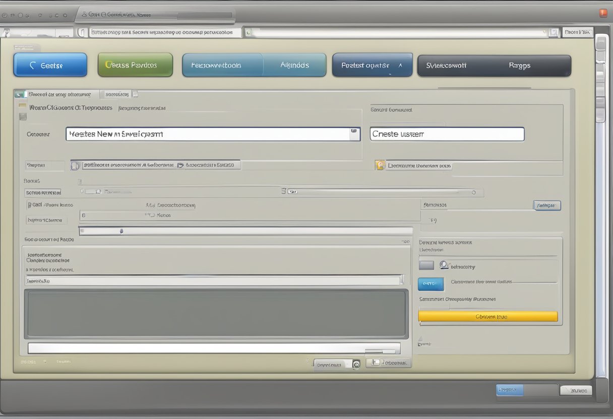 A computer screen with a "Create New User" window open, displaying fields for username, password, and account type selection